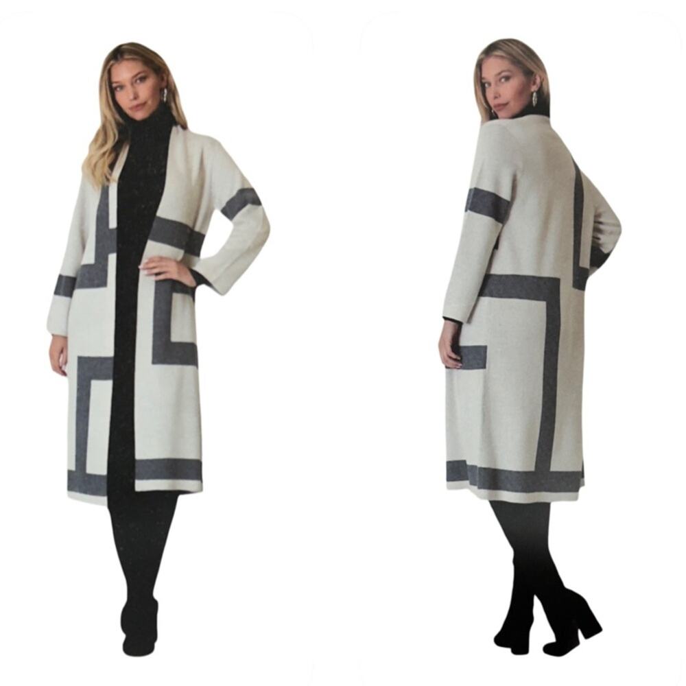 NEW $368 Vertigo Open Front Allover Print Grey & Ivory Cardigan Medium Stylish